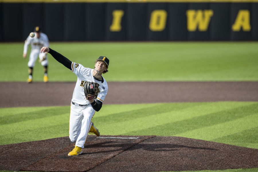 Iowa pitcher Adam Mazur throws the ball during a baseball game between Iowa and Purdue at Duane Banks Field in Iowa City on Friday, May 6, 2022. Mazur threw for just over eight innings. The Hawkeyes defeated the Boilermakers 5-2.