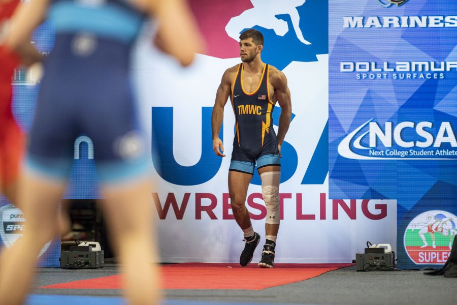 Titan Mercury Wrestling Club’s 70kg Ryan Deakin walks out of the tunnel during session three at the 2022 USA Wrestling Senior World Team Trials Challenge Tournament at Xtream Arena in Coralville, Iowa on Sunday, May 22, 2022.