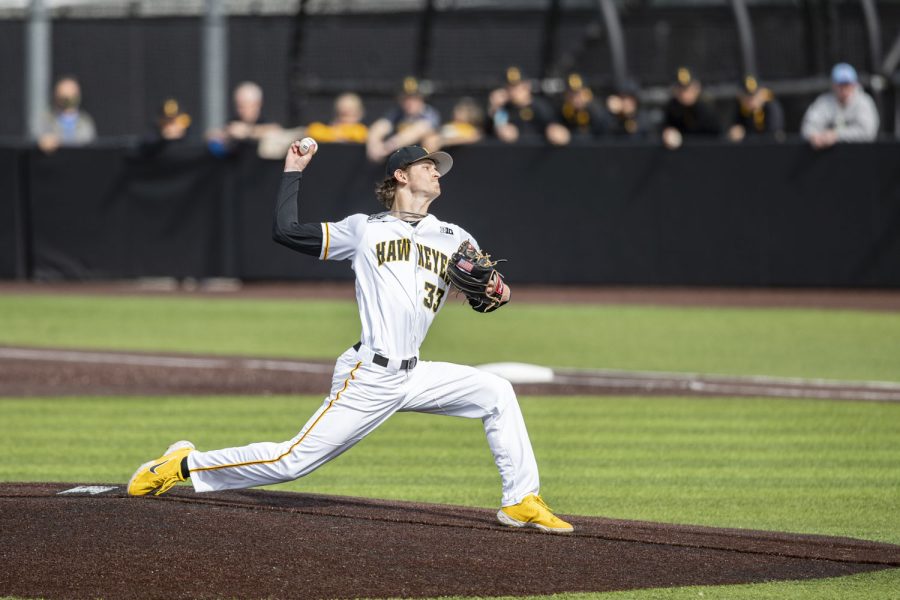 Iowa pitcher Adam Mazur throws the ball during a baseball game between Iowa and Purdue at Duane Banks Field in Iowa City on Friday, May 6, 2022. The Hawkeyes defeated the Boilermakers 5-2. (Ayrton Breckenridge/The Daily Iowan)