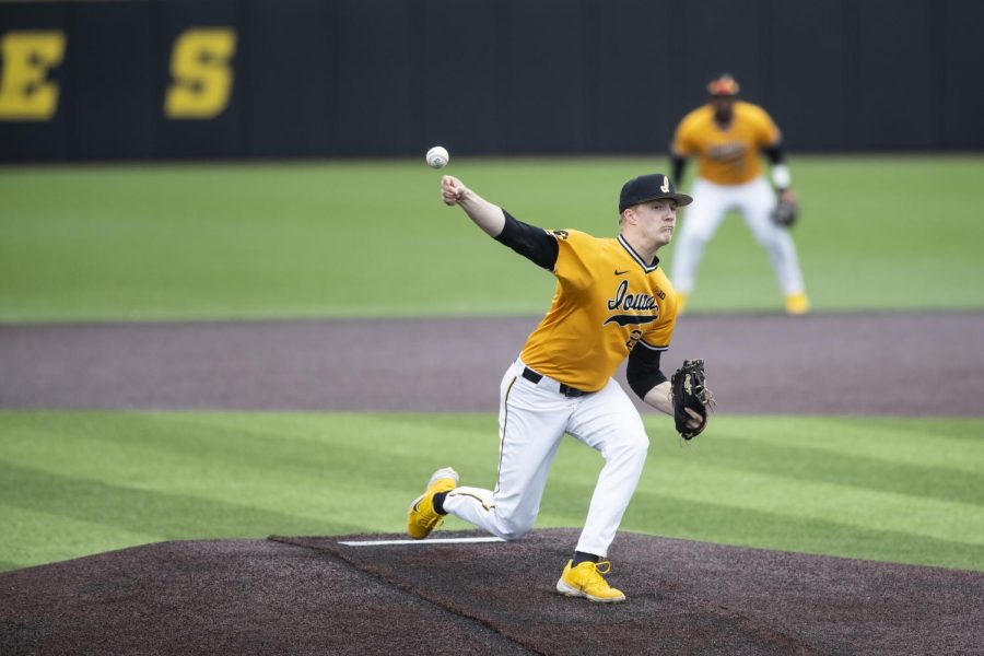 Iowa starting pitcher Ty Langenberg throws a pitch during a baseball game between Iowa and Purdue at Duane Banks Field in Iowa City on Sunday, May 8, 2022. Langenberg threw seven innings while holding the Boilermakers to one run. The Hawkeyes defeated the Boilermakers, 9-1. 