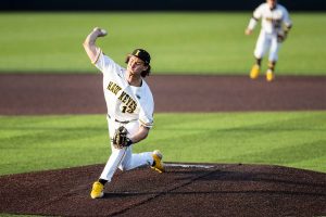 Iowa pitcher Brody Brecht throws a pitch during the second baseball game of a doubleheader between Iowa and Illinois at Duane Banks Field in Iowa City on Saturday, April 9, 2022. Brecht struck out two Illini in one inning. The Fighting Illini defeated the Hawkeyes in 13 innings, 7-5. 