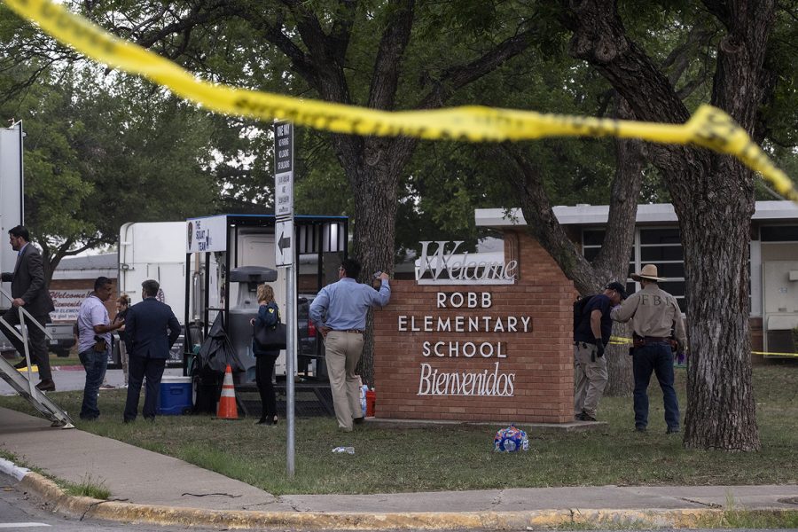 May 24, 2022; Uvalde, TX, USA; Law enforcement investigates the shooting at Robb Elementary School in Uvalde, Texas on Tuesday, May 24, 2022. The shooting killed 18 children and 2 adults. 