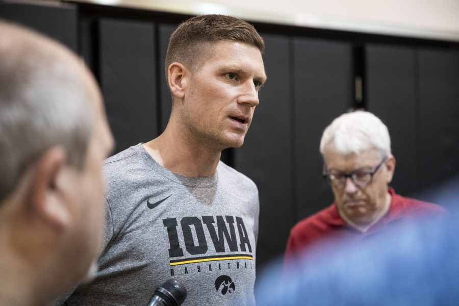 Iowa+assistant+coach+Matt+Gatens+answers+questions+from+reporters+during+an+Iowa+men%E2%80%99s+basketball+practice+at+Carver-Hawkeye+Arena+on+Wednesday%2C+June+15%2C+2022.+Gatens+discussed+when+he+found+out+he+got+the+job.+%E2%80%9CI+remember+when+he+called+and+told+me%2C%E2%80%9D+Gatens+said.+%E2%80%9CI+think+I+was+mowing+the+lawn+and+I+think+I+didnt+go+in+right+away+to+tell+my+wife+and+I+think+I+looked+back+out%2C+most+of+my+lines+were+all+over+the+place.+My+head+was+just+like+running+like+Im+gonna+get+this+done+but+my+head+somewhere+else+so+yeah%E2%80%A6%E2%80%9D