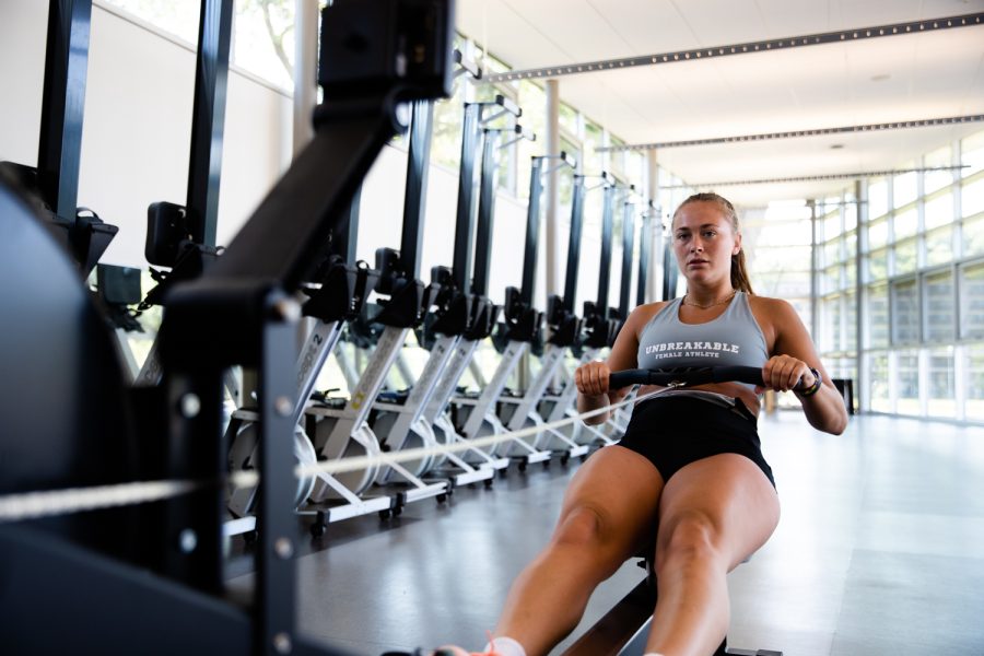 Iowa rower Jaecee Hall works out on a rowing machine at Beckwith Boathouse in Iowa City on Sunday, June 20, 2022.