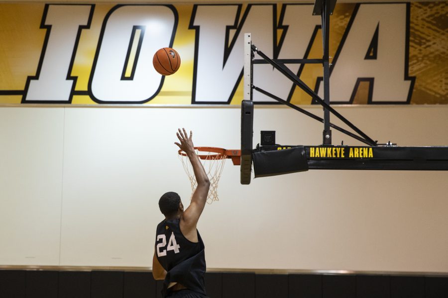 Iowa forward Kris Murray puts up a layup during an Iowa men’s basketball practice at Carver-Hawkeye Arena on Tuesday, June 21, 2022. Murray averaged nearly 10 points per game last season and returned to the Hawkeyes after withdrawing from the NBA Draft process on the final day allowed to exit. 