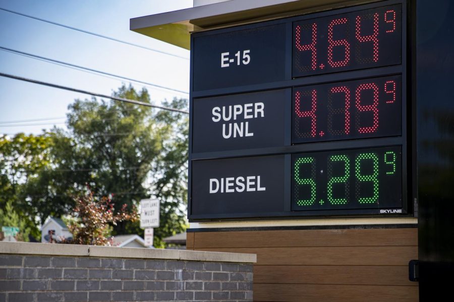 Gas prices are displayed at a gas station in Iowa City on Monday, June 27, 2022. 