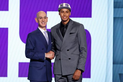 Jun 23, 2022; Brooklyn, NY, USA; Keegan Murray (Iowa) shakes hands with NBA commissioner Adam Silver after being selected as the number four overall pick by the Sacramento Kings in the first round of the 2022 NBA Draft at Barclays Center.