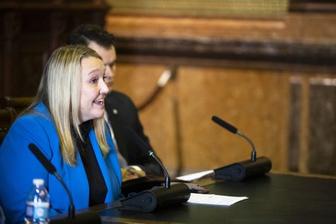 Iowa House Minority Leader Jennifer Konfrst, D-Windsor Heights, responds to reporters at a press conference at the Iowa State Capitol in Des Moines, Iowa on Tuesday, January 4, 2022.