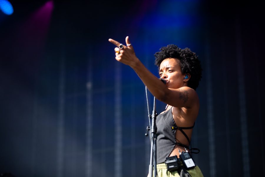 Jamila Woods points to the crowd during the final day of the 80/35 music festival in downtown Des Moines on Saturday, July 9, 2022.