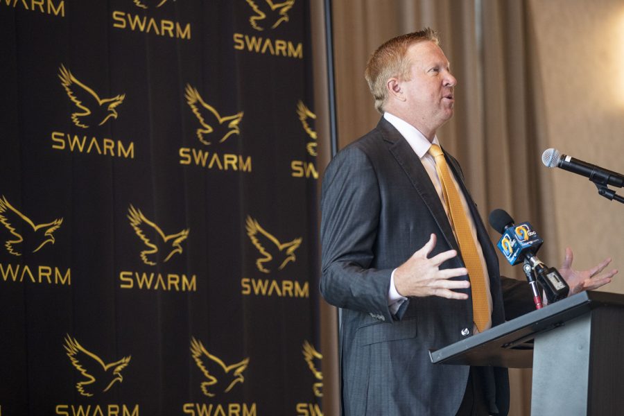 Iowa+Swarm+Collective+President+and+CEO+Brad+Heinrichs+speaks+during+a+press+conference+for+the+Iowa+Swarm+Collective%2C+a+name%2C+image%2C+and+likeness+group+partnering+with+Hawkeye+student-athletes%2C+at+the+Heights+Rooftop+in+Iowa+City+on+Tuesday%2C+July+19%2C+2022.+Heinrichs+sees+this+NIL+as+an+opportunity+for+students+to+profit+on+their+name%2C+image%2C+and+likeness.+%E2%80%9CThese+kids+are+going+to+learn+how+to+market+themselves%2C%E2%80%9D+Heinrichs+said.+%E2%80%9CThats+the+education+I+didnt+get+while+I+was+in+school.%E2%80%9D
