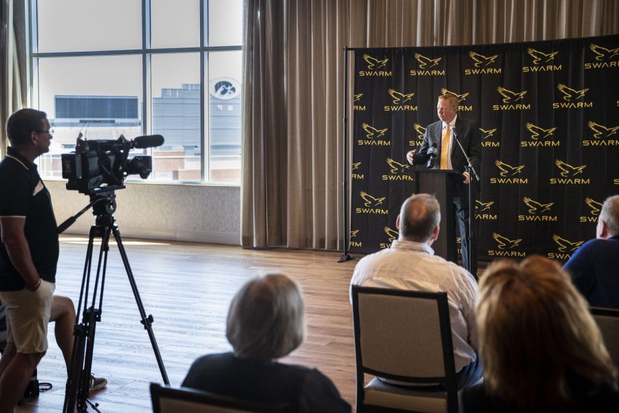 Iowa+Swarm+Collective+President+and+CEO+Brad+Heinrichs+during+a+press+conference+for+the+Iowa+Swarm+Collective%2C+a+name%2C+image%2C+and+likeness+group+partnering+with+Hawkeye+student-athletes%2C+at+the+Heights+Rooftop+in+Iowa+City+on+Tuesday%2C+July+19%2C+2022.+Heinrichs+doesn%E2%80%99t+know+how+much+money+this+NIL+will+bring+in%2C+but+he+said+it+depends+on+how+much+the+Hawkeye+community+wants+to+provide.