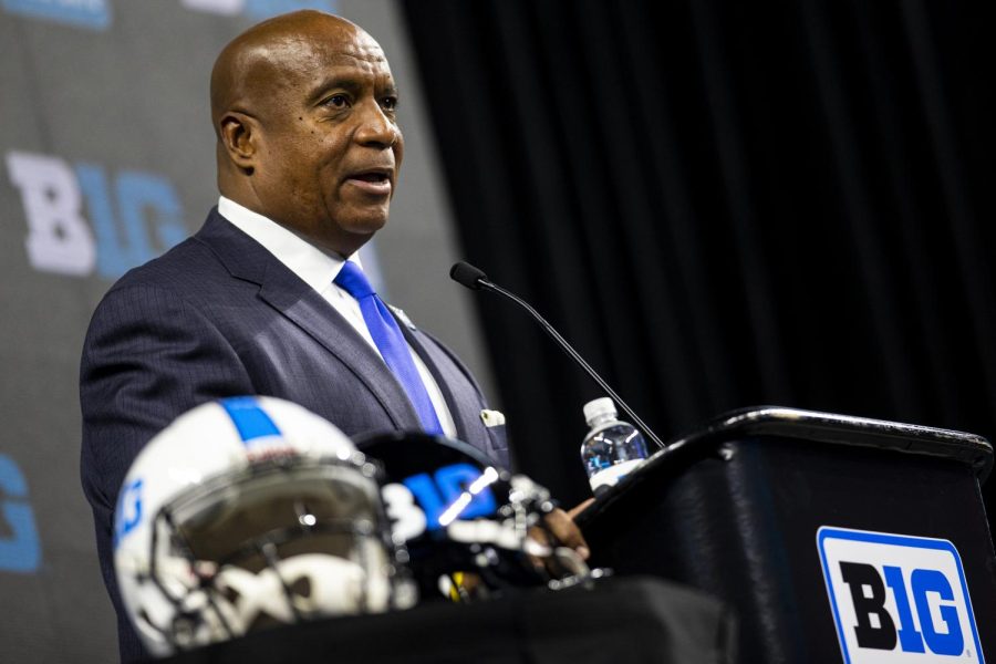 Big Ten commissioner Kevin Warren speaks during day one of Big Ten Media Days at Lucas Oil Stadium in Indianapolis, Ind., on Tuesday, July 26, 2022. The event marked the 50th annual Big Ten Media Days.