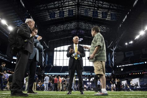 Iowa head coach Kirk Ferentz interacts with media during day one of Big Ten Media Days at Lucas Oil Stadium in Indianapolis, Ind., on Tuesday, July 26, 2022. The event marked the 50th annual Big Ten Media Days. 