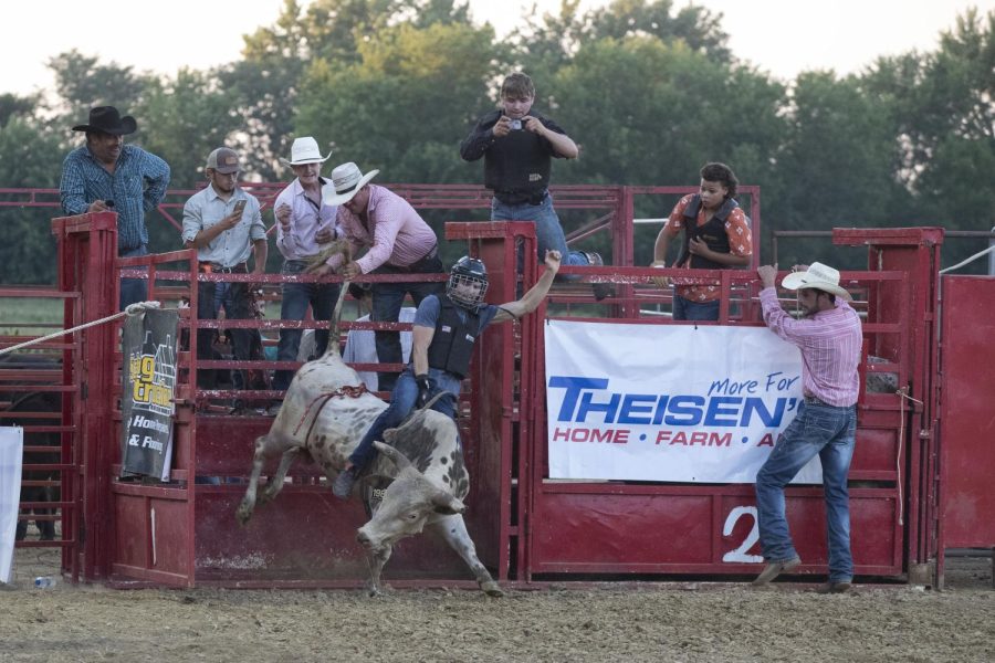 James Carte rides a bull during the Sandburr Family Youth Rodeo at the Johnson County Fairgrounds  in Iowa City on Wednesday, July 27, 2022.