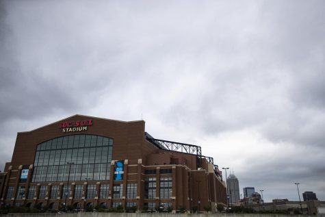 The venue for Big Ten Media Days is seen at Lucas Oil Stadium in Indianapolis, Ind., on Tuesday, July 26, 2022. The event marked the 50th annual Big Ten Media Days. 