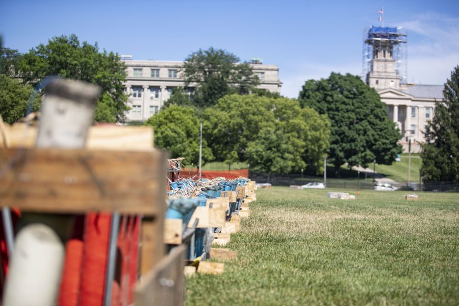 Fireworks setup by the “Powder Monkey” shot team from J&amp;M Displays sit in Hubbard Park during the 2022 Iowa City Jazz Festival on Saturday, July 2, 2022.