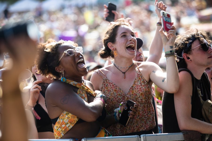 Festival-goers cheer during the fourth day of the Hinterland music festival in Saint Charles, Iowa on Sunday, Aug. 8, 2022.