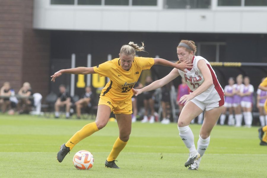Iowa+forward+Ellie+Otto+battles+with+Northern+Illinois+defender+Kylie+Hermeyer+during+a+soccer+game+between+Iowa+and+Northern+Illinois+at+the+University+of+Iowa+Soccer+Complex+in+Iowa+City+on+Sunday%2C+Aug.+7%2C+2022.+The+Hawkeyes+defeated+the+Huskies%2C+4-2.