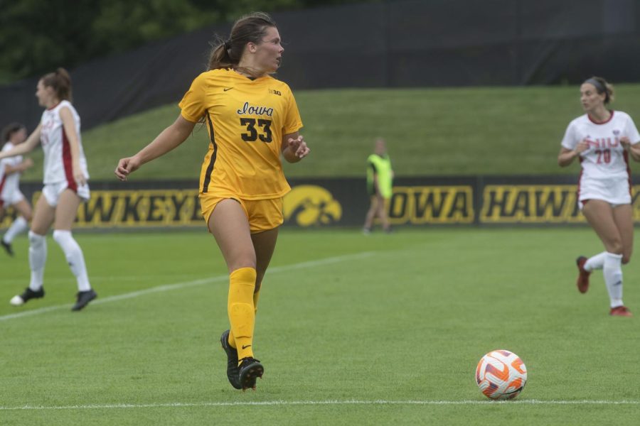 Iowa midfielder Caroline Halonen chases the ball down the field during a soccer game between Iowa and Northern Illinois at the University of Iowa Soccer Complex in Iowa City on Sunday, Aug. 7, 2022. The Hawkeyes defeated the Huskies, 4-2.