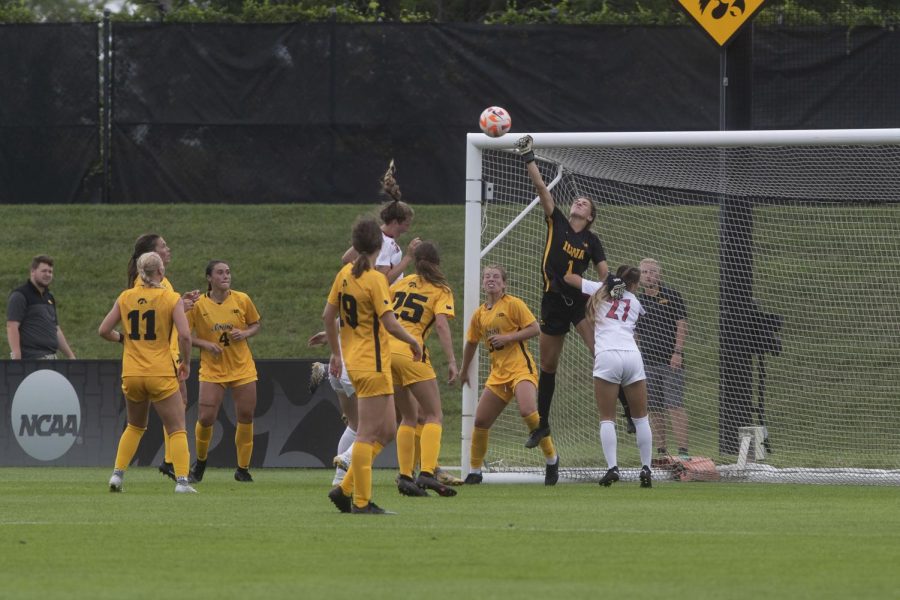 Iowa+goalkeeper+Macy+Enneking+punches+the+ball+during+a+soccer+game+between+Iowa+and+Northern+Illinois+at+the+University+of+Iowa+Soccer+Complex+in+Iowa+City+on+Sunday%2C+Aug.+7%2C+2022.+The+Hawkeyes+defeated+the+Huskies%2C+4-2.