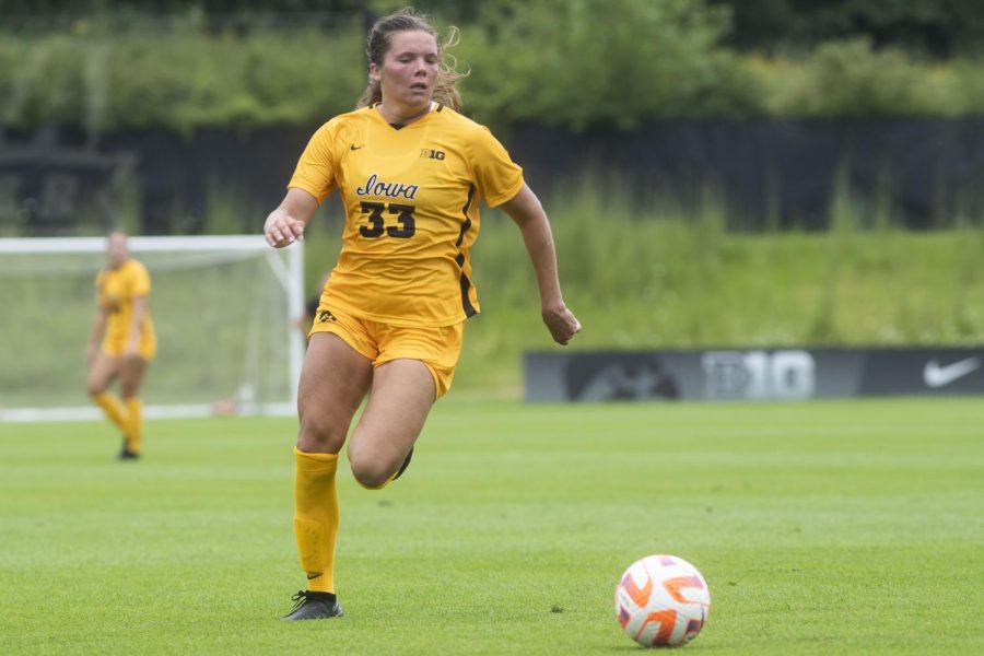 Iowa midfielder Caroline Halonen chases the ball down the field during a soccer game between Iowa and Northern Illinois at the University of Iowa Soccer Complex in Iowa City on Sunday, Aug. 7, 2022. The Hawkeyes defeated the Huskies, 4-2.