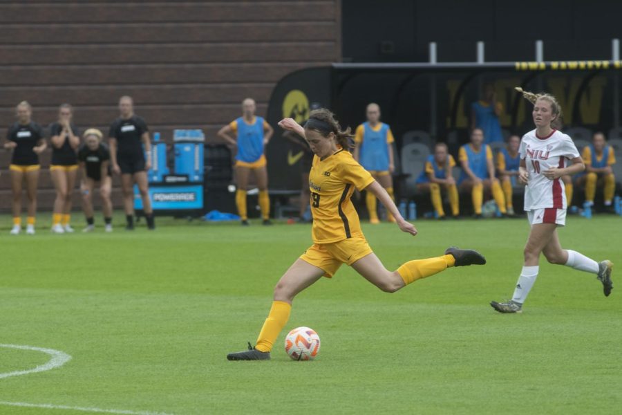 Iowa forward Jenny Cape kicks the ball during a soccer game between Iowa and Northern Illinois at the University of Iowa Soccer Complex in Iowa City on Sunday, Aug. 7, 2022. The Hawkeyes defeated the Huskies, 4-2.