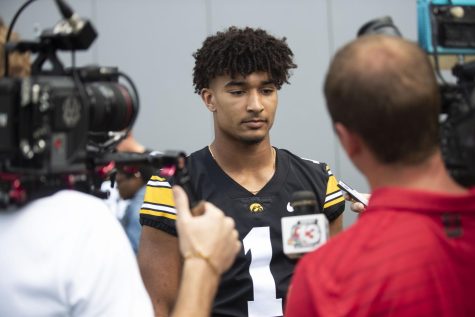 Iowa safety Xavier Nwankpa interacts with the media during Hawkeye Football Media Day at the Iowa football practice facility in Iowa City on Aug. 12, 2022.