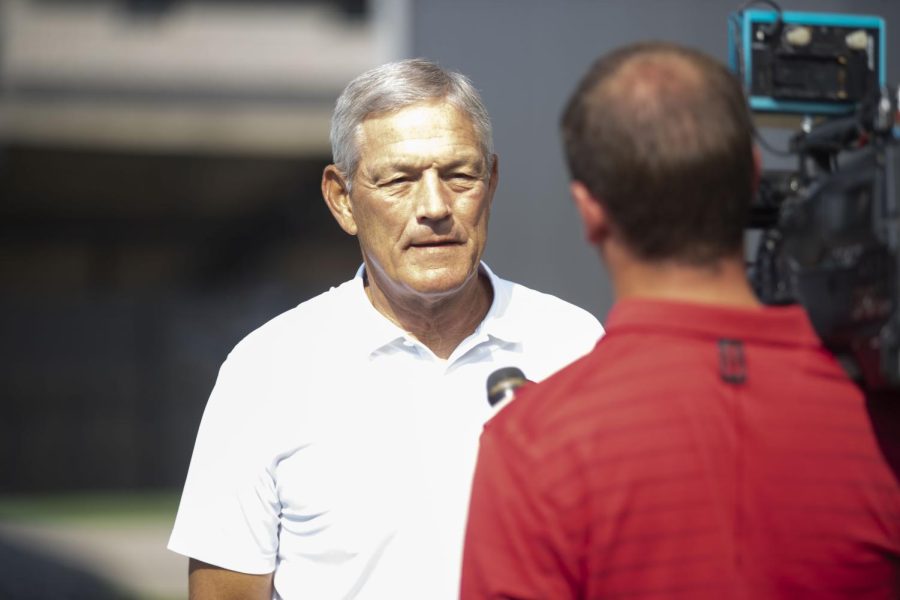 Iowa head coach Kirk Ferentz interacts with the media during Hawkeye Football Media Day at the Iowa Football practice facility in Iowa City on Aug. 12, 2022. 