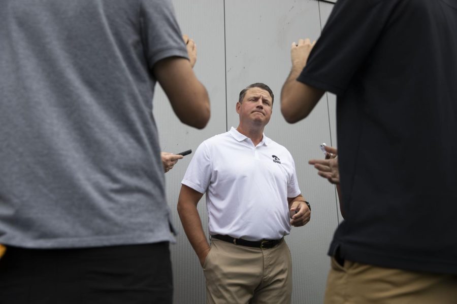 Iowa offensive coordinator and quarterbacks coach Brian Ferentz interacts with the media during Iowa football media day at Iowa football’s practice facility on Friday, Aug. 12, 2022.