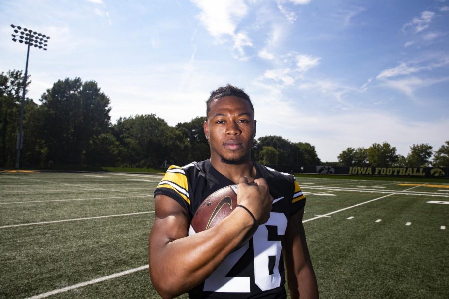 Iowa defensive back Kaevon Merriweather poses for a portrait during Iowa football media day at Iowa football’s practice facility on Friday, Aug. 12, 2022. Merriweather, one of Iowa’s selections to attend Big Ten Media Days in Indianapolis at the end of July, had one interception in 2021 and 42 total tackles. 