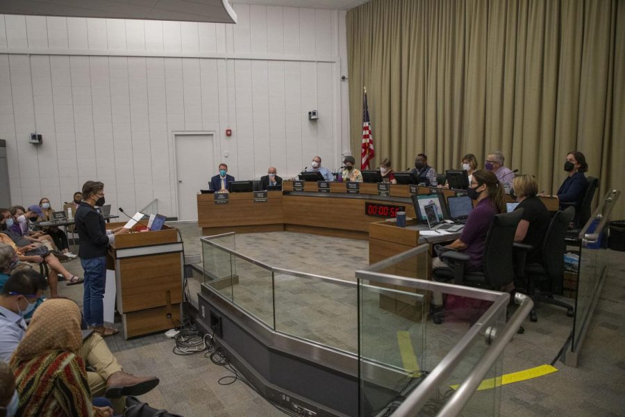 City Council members listen to a speaker during a City Council meeting at City hall on Aug. 8, 2022.
