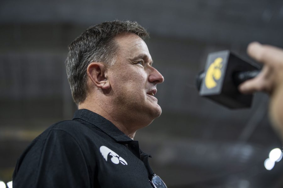 Iowa head coach Jim Barnes speaks with the media during an Iowa women’s volleyball media conference and scrimmage at Xtream Arena in Coralville on Saturday, Aug. 20, 2022.