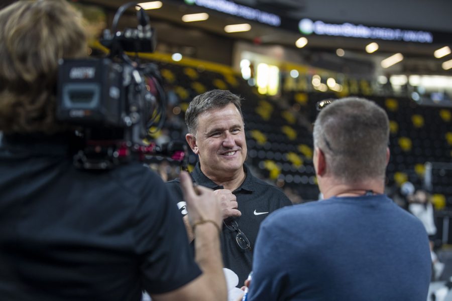 Iowa+head+coach+Jim+Barnes+speaks+with+media+during+an+Iowa+women%E2%80%99s+volleyball+media+conference+and+scrimmage+at+Xtream+Arena+in+Coralville+on+Saturday%2C+Aug.+20%2C+2022.+Barnes+became+head+coach+in+2021.+Barnes+is+the+11th+coach+of+the+team.