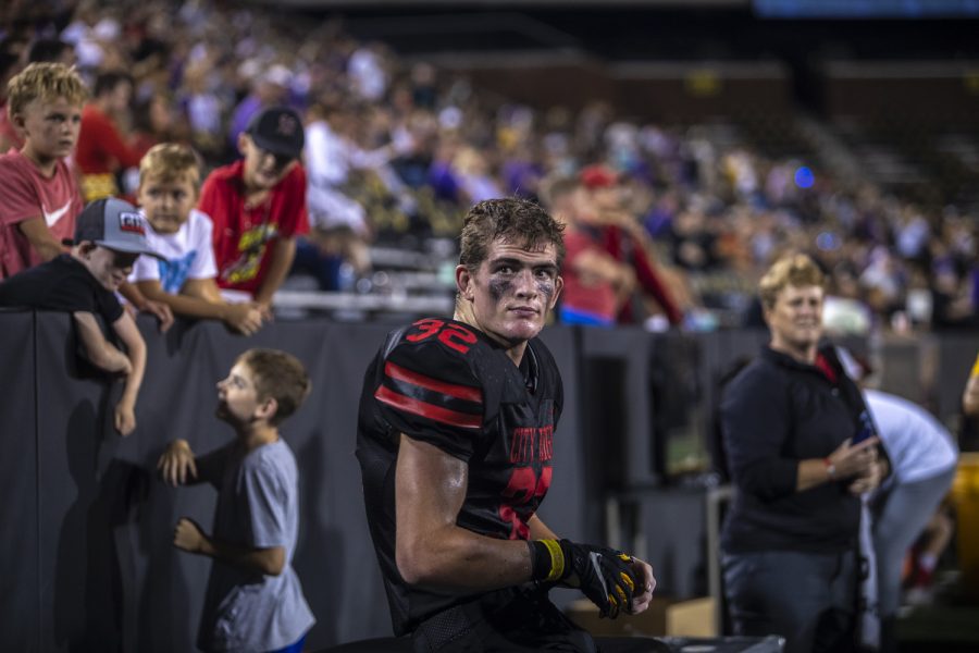 City High tight end Ben Kueter sees the scoreboard during a football game between City High and Liberty at Kinnick Stadium in Iowa City on Friday, Aug. 26, 2022. 