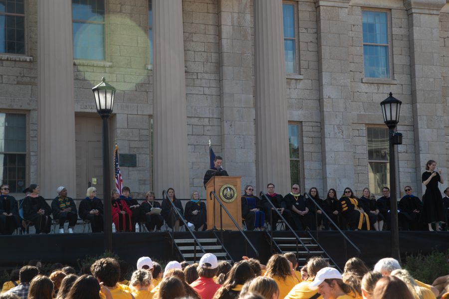 A speaker speaks during convocation at the University of Iowa’s Pentacrest on Sunday, Aug. 21, 2022.