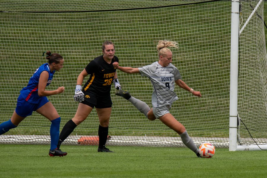 Iowa+defender+Samantha+Cary+kicking+the+ball+across+field+to+open+teammate+during+a+soccer+game+between+Iowa+and+DePaul+at+the+University+of+Iowa+Soccer+Complex+on+Sunday%2C+Aug.+28%2C+2022.+The+Iowa+Hawkeyes+beat+the+DePaul+Blue+Demons%2C+4-0.