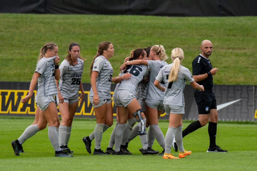 The Iowa Hawkeyes celebrate after scoring a goal during a soccer game between Iowa and DePaul at the University of Iowa Soccer Complex on Sunday, Aug. 28, 2022. The Iowa Hawkeyes beat the DePaul Blue Demons, 4-0.
