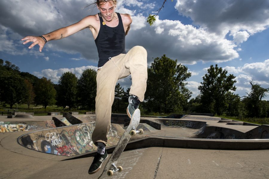 Paul Waikel, 19, practices a skate trick at the Iowa City Skate Park in Terrell Mill Park on Tuesday, Aug. 23, 2022. 