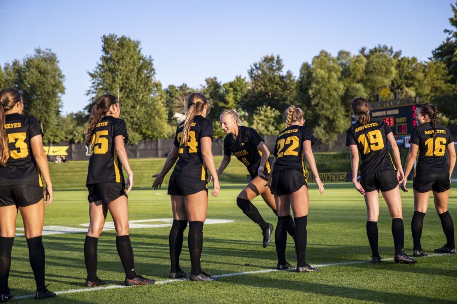 Iowa defender Samantha Cary gets introduced during Iowa’s first regular season home soccer game against Kansas at the Iowa Soccer Complex in Iowa City on Thursday, Aug. 25, 2022. The Jayhawks defeated the Hawkeyes, 1-0. Cary played for 83 minutes.