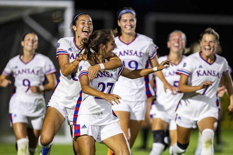 Kansas celebrates a goal made by Kansas forward Shira Elinav during a soccer game between Iowa and Kansas at the Iowa Soccer Complex in Iowa City on Thursday, Aug. 25, 2022. The Jayhawks defeated the Hawkeyes, 1-0.