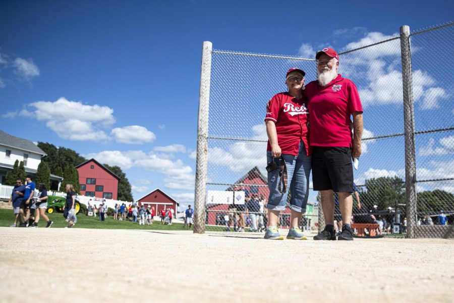 Penny, left, and Tim McGinnis pose for a portrait before the Minor League Field of Dreams Game between the Cedar Rapids Kernels, playing as the Bunnies, and the Quad Cities River Bandits, playing as the Blue Sox, in Dyersville, Iowa, on Tuesday, Aug. 9, 2022. The couple traveled from Cincinnati, Ohio, to catch the game. 