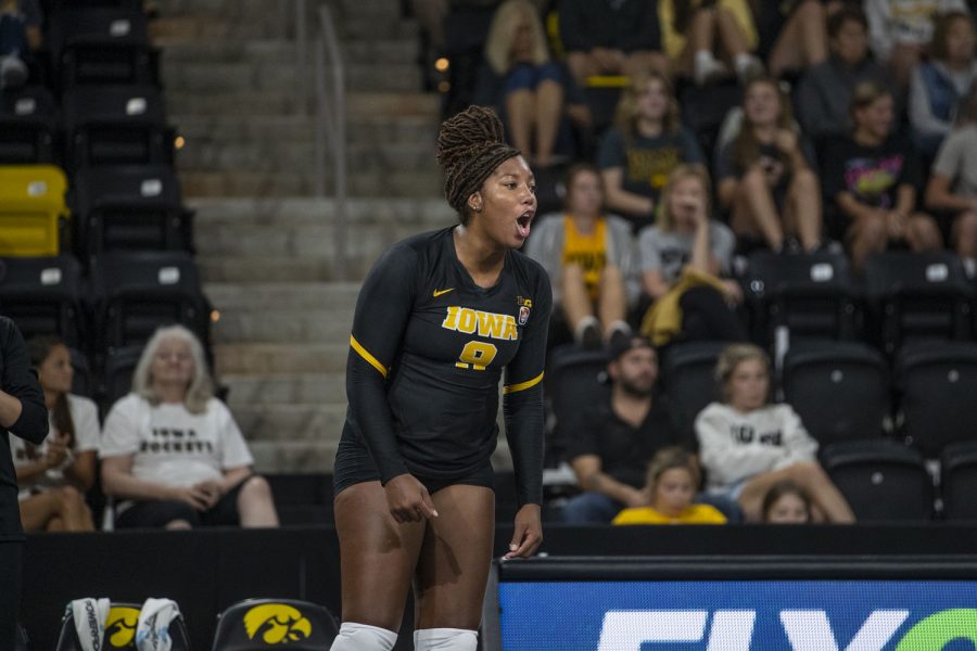 Iowa middle hitter Amiya Jones celebrates during an Iowa women’s volleyball media conference and scrimmage at Xtream Arena in Coralville on Saturday, Aug. 20, 2022. Jones played 98 matches in 2021.