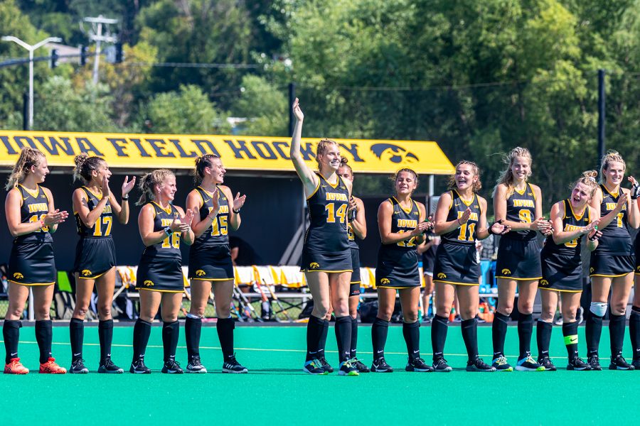 Iowa+midfielder%2Fdefender+Lokke+Stribos+waves+to+the+fans+while+being+introduced+as+part+of+the+starting+lineup+before+the+start+of+the+Iowa+Field+Hockey+Big+Ten%2FACC+Challenge+game+against+Wake+Forest+on+Aug.+27%2C+2021+at+Grant+Field.+Iowa+defeated+Wake+Forest+5-3.+