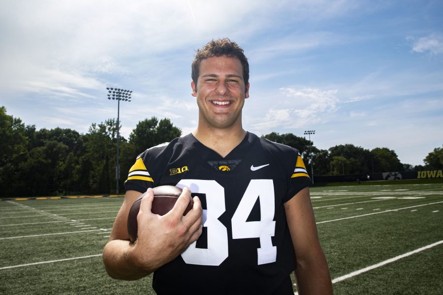 Iowa tight end Sam LaPorta poses for a portrait during Iowa football media day at Iowa football’s practice facility on Friday, Aug. 12, 2022. LaPorta, one of Iowa’s selections to attend Big Ten Media Days in Indianapolis at the end of July, recorded three touchdowns in the 2021-22 season. 
