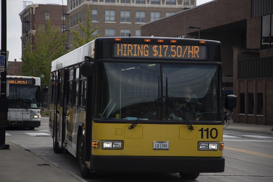 A CAMBUS displays hiring information alongside the displayed route at the downtown interchange, Thursday, August 25, 2022.