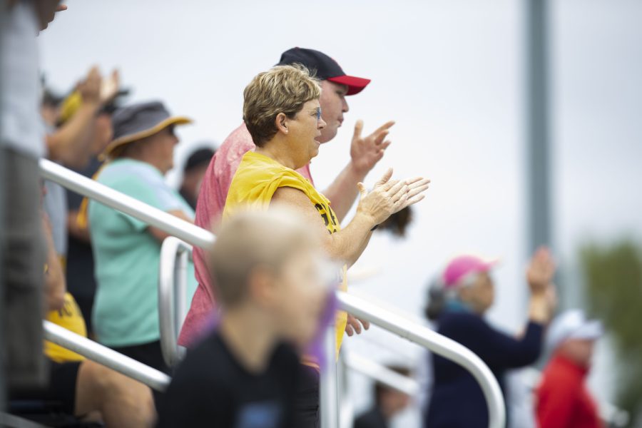 Fans cheer during a field hockey game between Iowa and St. Louis at Grant Field in Iowa City on Sunday, Sept.4, 2022. The Hawkeyes defeated the Billikens, 6-0.