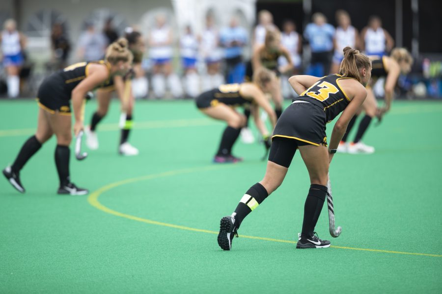 Iowa players line up for a penalty corner during a field hockey game between Iowa and St. Louis at Grant Field in Iowa City on Sunday, Sept.4, 2022. The Hawkeyes defeated the Billikens, 6-0. The Hawkeyes had eight penalty corners.