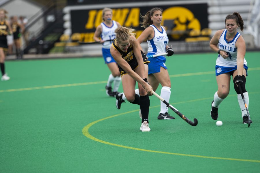 Iowa forward Sofie Stribos shoots the ball during a field hockey game between Iowa and St. Louis at Grant Field in Iowa City on Sunday, Sept.4, 2022. The Hawkeyes defeated the Billikens, 6-0. Stribos attempt three Short-handed goals.