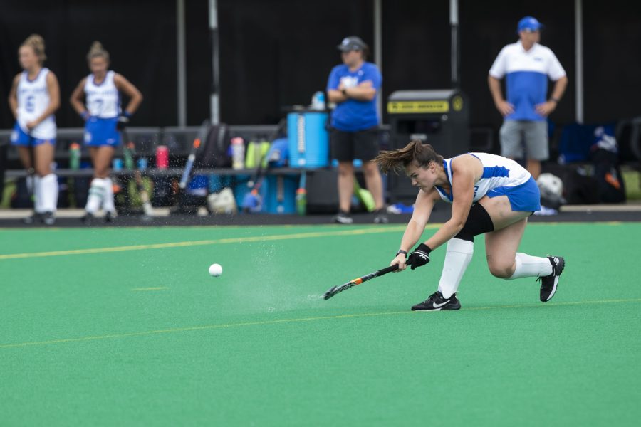 St,Louis midfielder Olivia Smith hits the ball during a field hockey game between Iowa and St. Louis at Grant Field in Iowa City on Sunday, Sept.4, 2022. The Hawkeyes defeated the Billikens, 6-0. Smith played 45 minutes.