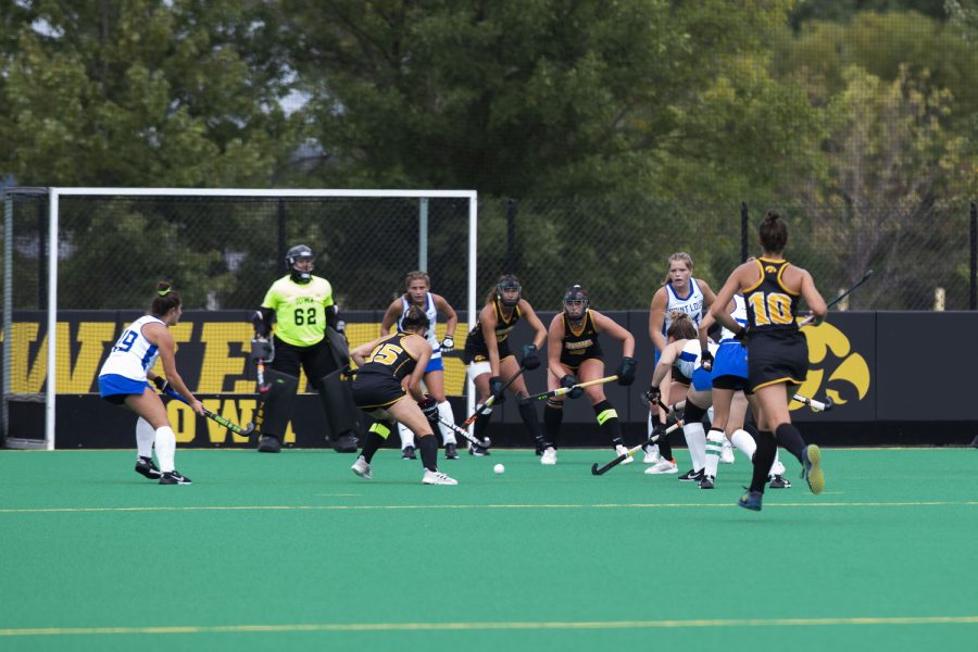 St.Louis attempts a penalty corner during a field hockey game between Iowa and St. Louis at Grant Field in Iowa City on Sunday, Sept.4, 2022. The Hawkeyes defeated the Billikens, 6-0. St. Louis had three penalty corners.